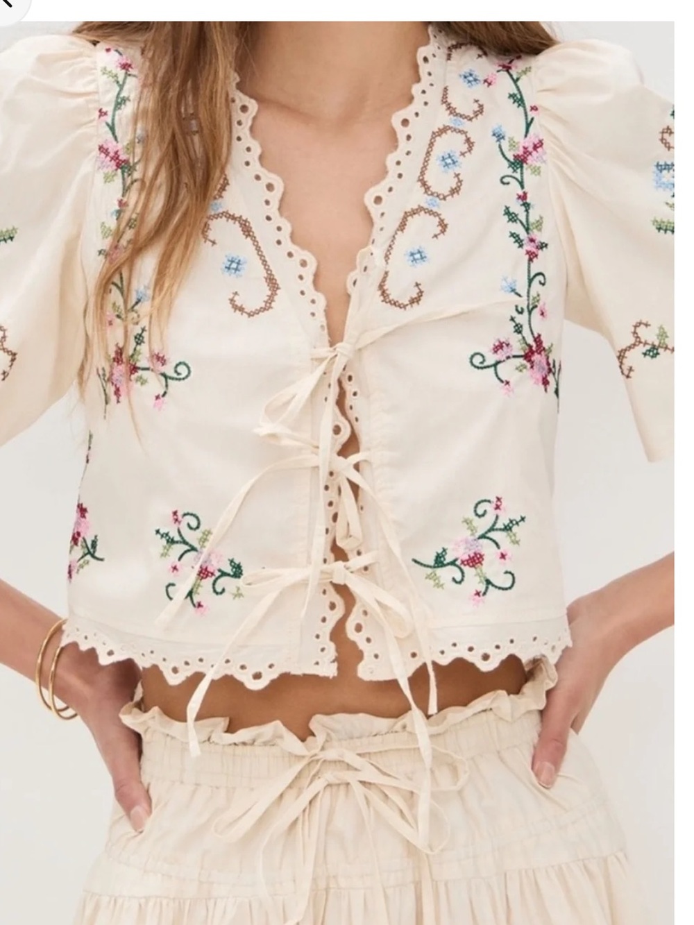 Moon River Ivory Embroidered Cross Stitch Midi Skirt & Top 2-piece set L NWOT - Picture 3 of 9